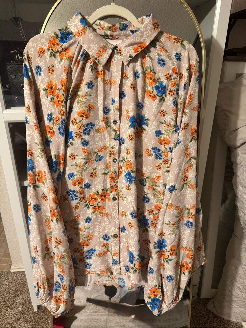 Button-Front Floral Long-Sleeve Blouse in Beige with Blue & Orange Flowers